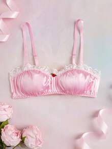 Elorette Sutiã de Lingerie Feminina Rosa Cetim Kawaii Fofo Coquette Babydoll Lolita Renda Patchwork 3D Patchwork Romântico Fofo - Rosa chiclete - Visão 8