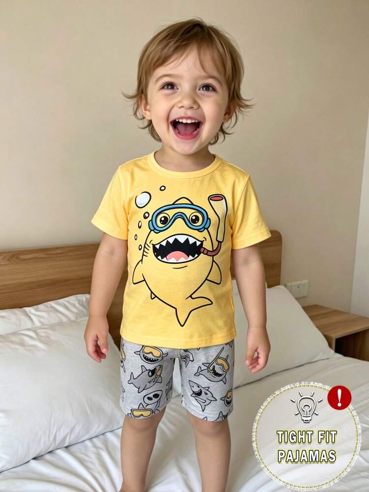 Snug Fit Pajama Boys' Short Sleeve Shorts Set, Cute Shark Graphic Print, Playful Design For Ocean Adventure Lovers, Suitable For Daily Home Wear And Sleepwear - Multicolor - View 3