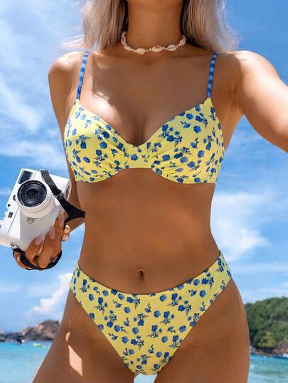Swim Vcay Summer Vacation Sexy Floral Underwire Ruched Spaghetti Strap Bikini Set