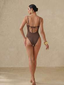 Anewsta Summer Beach Rib-Knit Tie Back One-Piece Swimsuit Bathing Suit - Brown - View 5