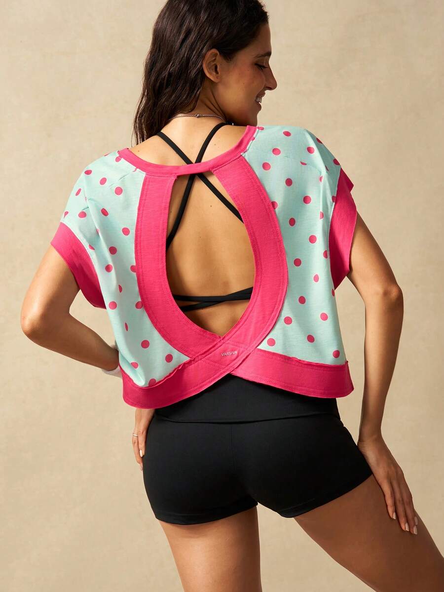 VARSIVA Women's Fashion Polka Dot Print Colorblock Crew Neck Sports T-Shirt