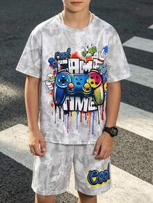 Tween Boy Casual Fashion Streetwear Minimalist Maple Leaf Game Console Pattern Crew Neck Short Sleeve T-Shirt And Shorts 2-Piece Set, Suitable For Commuting, School, Daily Casual Outings, Sports, Spring And Summer - Grey - View 8