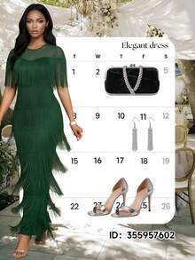 Fleurora Women's Rhinestone Mesh Patchwork Round Neck Multilayer Tassel Design Fitted Maxi Elegant Dress - Dark Green - View 8