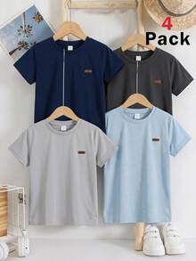 SHEIN Kids Tween Boy 4pcs/Set Solid Color Basic Crew Neck Short Sleeve T-Shirt Knit Top Multi-Piece Set, Comfortable Casual Versatile Fashion Suitable For Spring/Summer Indoor Daily And Outdoor Activities - Multicolor - View 3