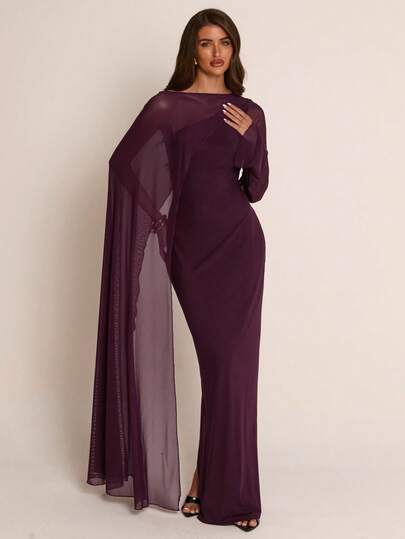 SHEIN BAE שמלת מידי בודקון צמודה בסגנון שאל מרשת סגולה לאביב/קיץ, שקופה, עם כתף אסימטרית, שרוול בודד ומותניים הדוקים, שמלת ערב סקסי