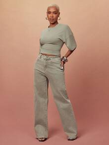 Vixey Calça Denim Reta de Cintura Média com Elastano, Streetwear Casual Elevado, Chique, Estilo Diário, Off Duty, Fim de Semana, Sair, Verde Sálvia, Verão - Caqui - Visão 1