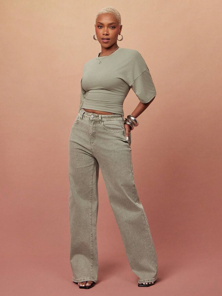 Vixey Calça Denim Reta de Cintura Média com Elastano, Streetwear Casual Elevado, Chique, Estilo Diário, Off Duty, Fim de Semana, Sair, Verde Sálvia, Verão - Caqui - Visão 1