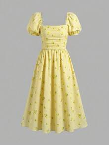 SHEIN Girlism Teen Girl Spring & Summer White Base Cherry Blossom Print Puff Sleeve Chest Ruched Waist Ruched A-Line Midi Dress, Elegant Floral, Luxurious Holiday - Yellow - View 3