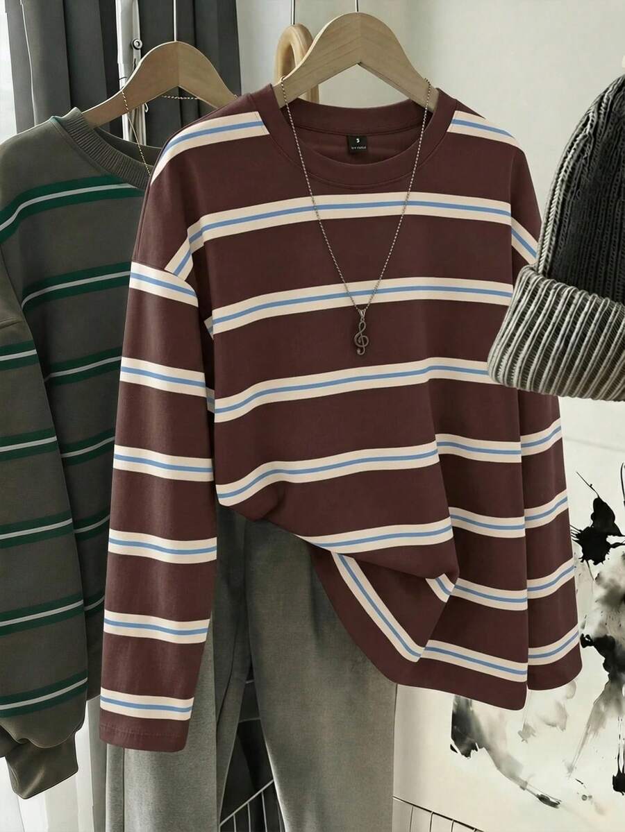 SHEIN EZwear 韓式時尚百搭彩色條紋圓領T恤,適合戶外穿著、攝影、露營、秋季、冬季、返校季節,女款標準圓領夏季上衣,日常通勤、約會、派對、秋冬/夏季、聖誕節、新年、感恩節、派對、婚禮、海灘、畢業典禮,時尚、優雅、休閒 - 彩色 - 查看 1