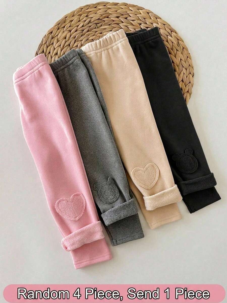 SHEIN 女嬰可愛休閒百搭針織彈性純色高品質刺繡卡通圖案鬆緊腰長款冬季長褲 - 粉色 - 查看 1