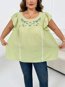 SHEIN CURVE+ 大尺碼女款刺繡圓領抓皺袖上衣，度假襯衫，手工風郵輪風祖母綠夏季波希米亞風 - 綠色 - 查看 5