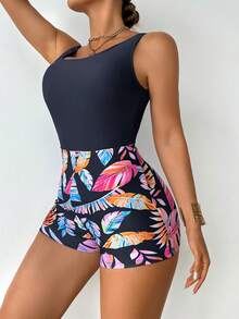 Swim Lushoire 女款度假海灘植物印花拼接連身泳衣 - 黑色 - 查看 3