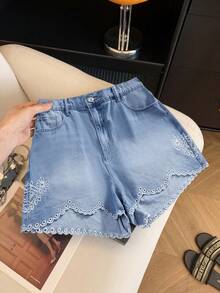 GlowEve CURVE Plus Size Women's Spring/Summer Embroidered Denim Shorts Vacation Beach Light Blue Casual - Light Wash - View 5