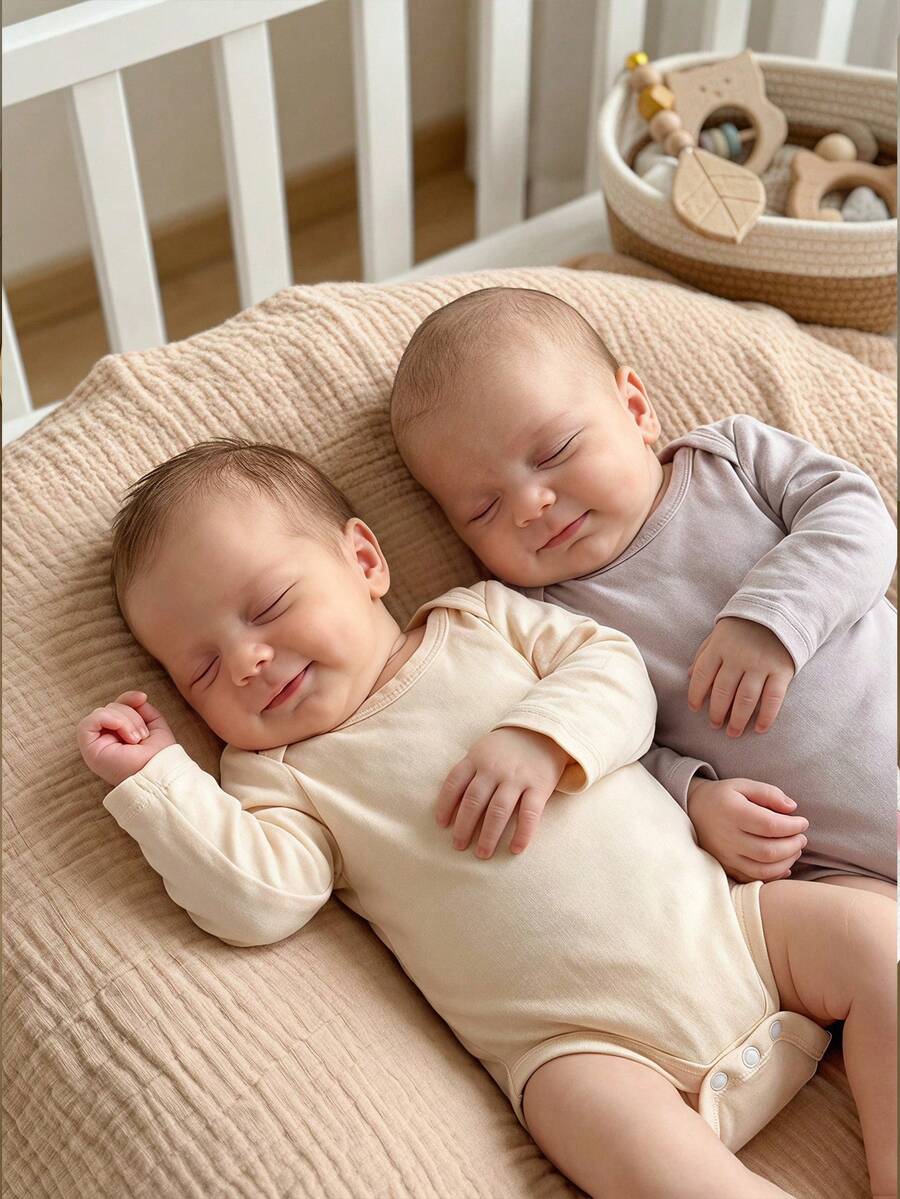 Newborn Baby Solid Color Round Neck Long Sleeve Romper Pajamas - Multicolor - View 1