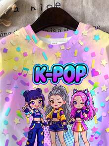 青少年女孩卡通女孩 K-Pop 卡通女團印花圖案 粉色漸層 短袖 T 恤與短褲 2 件套 夏季穿著 - 彩色 - 查看 5