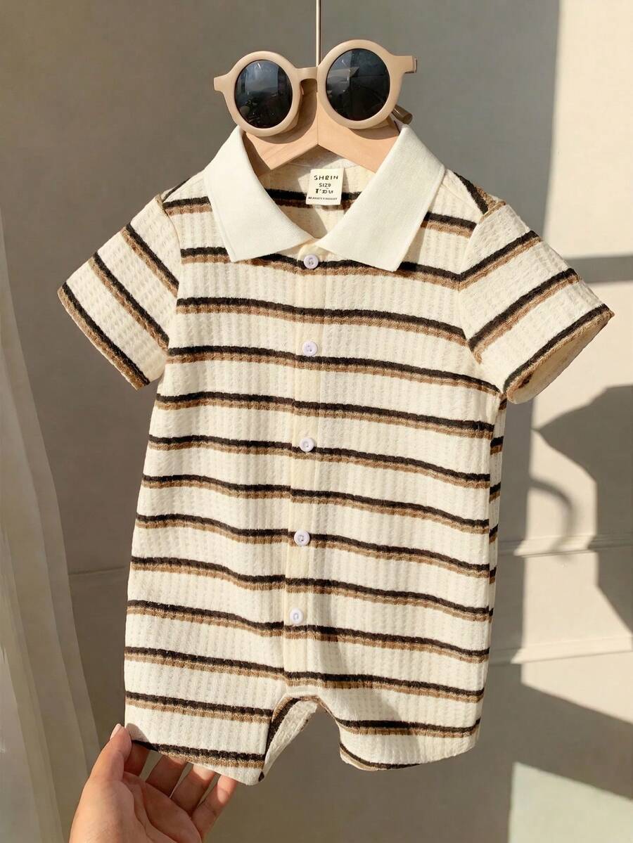 SHEIN 新生男嬰夏季可愛針織彩色條紋短袖連身衣,適合生日派對、晚會、表演、婚禮、滿月、洗禮及1歲生日慶祝、嬰兒派對 - 彩色 - 查看 1