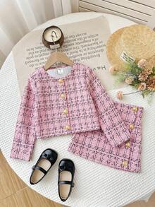 SHEIN Firerie Kids 少女都市時尚格紋長袖夾克與裙子套裝 - 粉色 - 查看 5