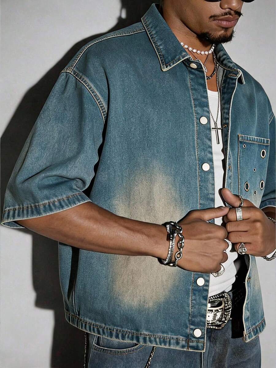 ROMWE MEN Grunge Punk Washed Vintage Denim Shirt For Men, Loose Casual Turn-Down Collar Short Sleeve Jacket, Summer New Arrival - Blue - View 1