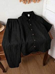 SHEIN 2pcs Set Teen Boy Casual Versatile Comfortable Wave Stripe Lapel Open-Collar Short-Sleeved Shirt - Black - View 4