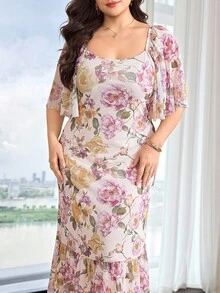 Feyla 大尺碼女款花卉圖案荷葉袖優雅洋裝 - 彩色 - 查看 6