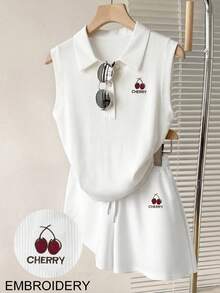 Resyla Women's Letter & Cherry Print Polo Collar Tank Top And Shorts Casual 2 Pieces Set - White - View 1