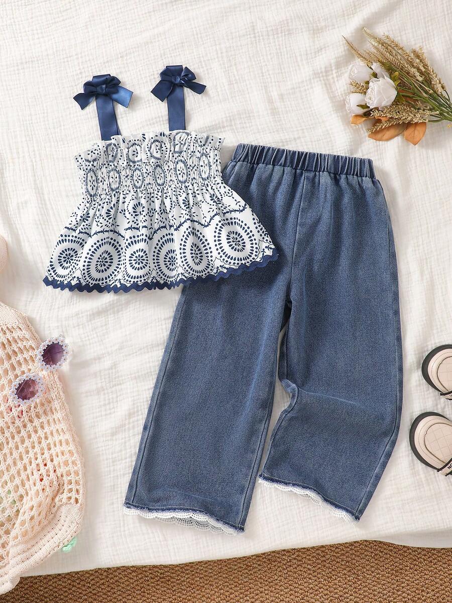 SHEIN Xiyin Girls 2-Piece Set, French Pastoral Floral Print Smocked Camisole Top With Bow Tie Shoulder Straps + Denim Wide Leg Long Pants With Lace Trim Hem, Sweet Outfit For Girls, 4-7 Years Old Summer Bohemian Cute Casual Vacation Style