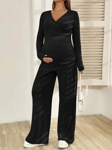 SHEIN 孕婦純色長袖上衣與長褲哺乳兩件套 - 黑色 - 查看 6