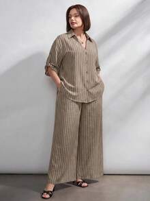 Chikora Plus Size Summer Brown Open Front Two Pieces Set, Brown Two Pieces Set, Office Wear, Suitable For Multiple Occasions - Multicolor - View 7
