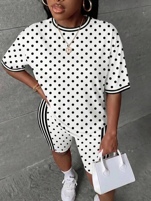 Slaydiva New Summer Women Round Neck T-Shirt + Cropped Leggings 2pcs/Y2k/Streetwear/Going Outfit/Loungewear/Holiday/Vacation/Back To School/Polka Dots
