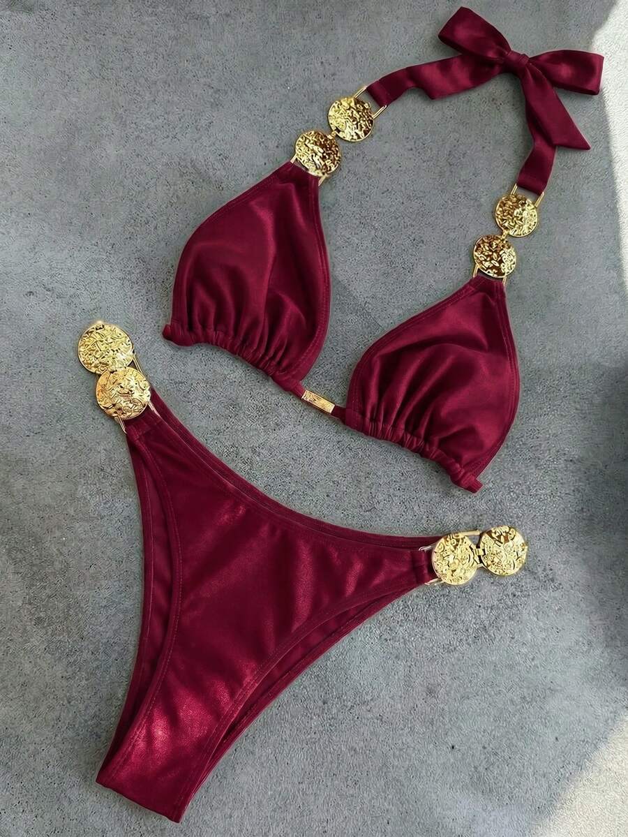 Swim Vcay Solid Color Halter Neck Tie, Waist Metal Trim Decor, Elegant Vacation Women's Swimwear Set - Burgundy - View 1