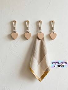 4 Packs Wooden Heart Towel Clips Kitchen Dishcloth Holder Bath Hand Towel Rack Non Slip Instant Hanging Rings Space Saving Versatile Hooks For Home Kitchen Bathroom Organization Storage Decorative Sturdy Grips Multipurpose Helper - Khaki - View 1