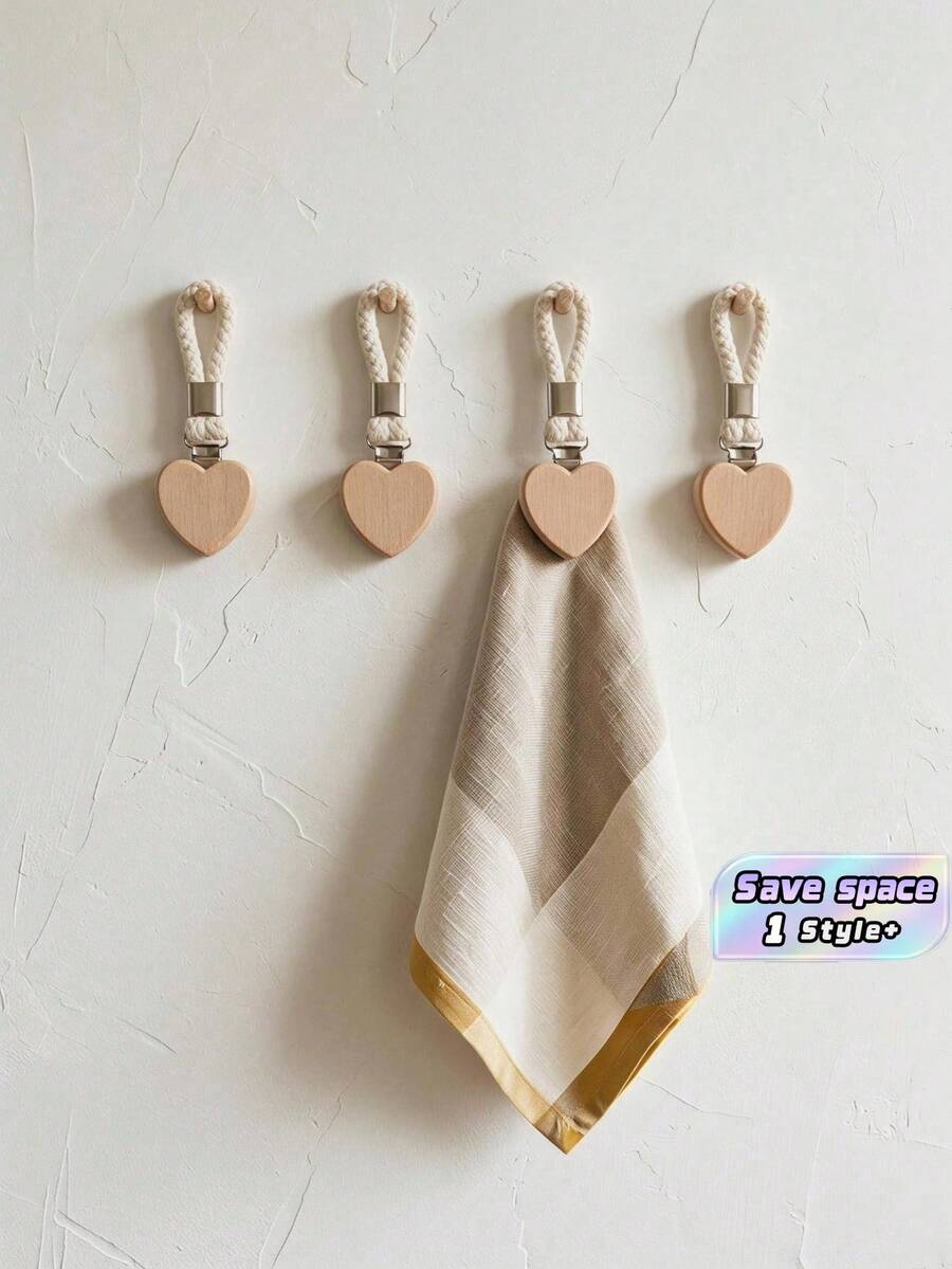 4 Packs Wooden Heart Towel Clips Kitchen Dishcloth Holder Bath Hand Towel Rack Non Slip Instant Hanging Rings Space Saving Versatile Hooks For Home Kitchen Bathroom Organization Storage Decorative Sturdy Grips Multipurpose Helper - Khaki - View 1