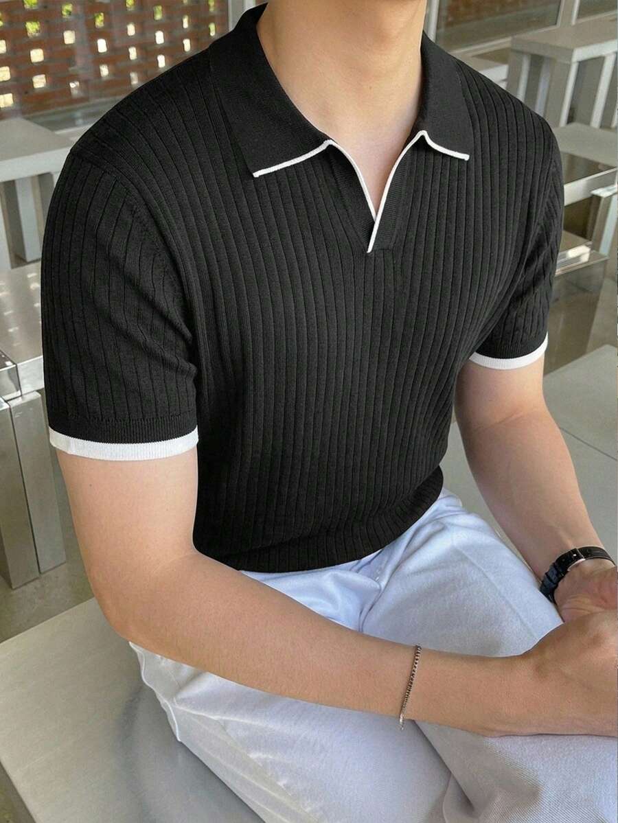 DAZY 黑色通勤風對比白色飾邊 Polo 領男士針織上衣 夏季款 - 黑色 - 查看 1