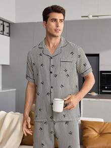 CoupledUp Men's Bowknot Striped Print Open Front Lapel Short Sleeve Long Pants Pajama Set - Black - View 7