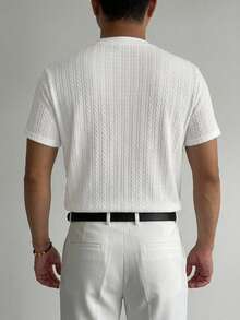 DAZY Men's Short Sleeve Round Neck Half-Button Solid Color T-Shirt, Summer - White - View 2