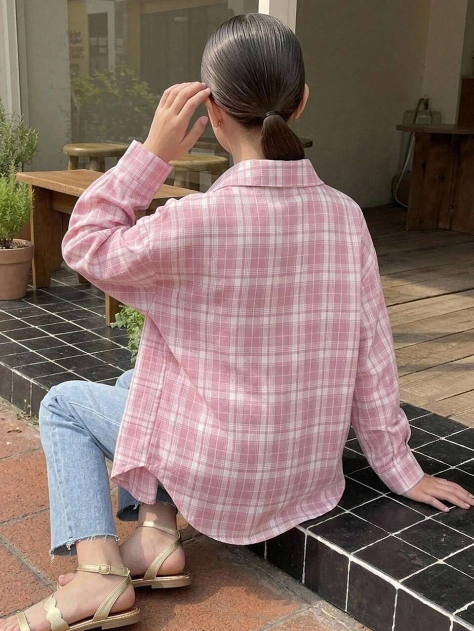 Plaid Long Sleeve Casual Loose Daily Spring/Autumn Tween Girls Shirt