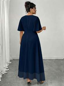 Modelyn Women's Plus Size Elegant Spring/Summer Round Neck Ruffle Bell Sleeve Slim Fit Draped Chiffon Dress - Navy Blue - View 2