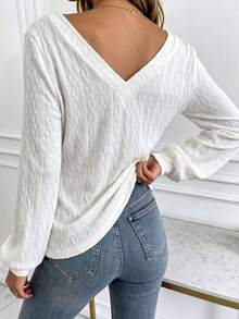 SHEIN LUNE 女款紋理V領休閒長袖T恤 - 白色 - 查看 2