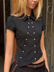 MainGRL Women's Solid Color Lapel Casual Versatile Daily Short Sleeve Shirt - Black - View 6