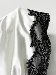 Elafinee Satin Sleeveless Waist Pleated Colorblock Lace Patchwork Elegant French Women's Blouse Wedding Dinner White And Black Summer - White - View 7