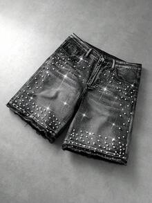 ROMWE MEN Street Life Men's Beaded Rhinestone Decorated Denim Shorts - Black - View 5