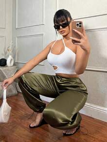 SHEIN SXY 女士緞面貨物褲,帶有3d口袋,街頭風格,節日服裝 - 灰色 - 查看 5