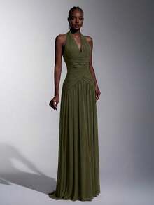 Elitara Elegant, , Fashionable Elastic Mesh Halter Neck Ruched Decor A-Line Dress, Party Wedding Guest Orange Color, And Graceful Bridesmaid - Army Green - View 7