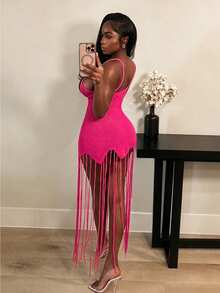 BamGleam Women's Green Knit Dress With Tassel Hem - Sleeveless Bodycon Midi Dress With Swing Asymmetric Hem & Jacquard Texture, Casual Slim Fit Sweater Dress For Party, Date Night, Daily Wear - Hot Pink - View 2