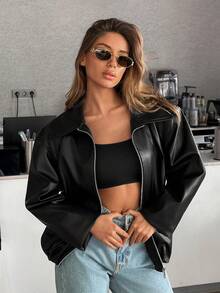 Muchica Women's Black PU Leather Bomber Jacket – Faux Leather Zip Up Short Jacket With Oversized Collar - الأسود - مشاهدة 3