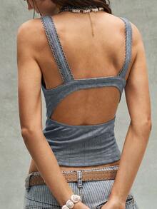 Bohemela Casual Knit Colorblock Back Cutout Fitted Women's Tank Top Vacation Dusty Blue Summer - Grey - View 2