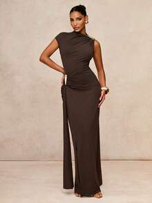 Lumalex Dark Brown Asymmetric One Shoulder Maxi Dress With Hardware Ruched Hip Draped Skirt And Front Slit Luxury Elegant For Party Bar Party Dinner Summer - Brown - View 3