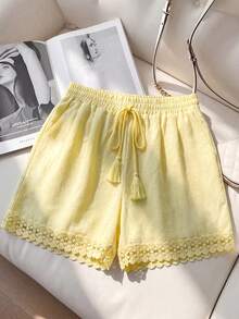 Breezaya Plus Size Women Drawstring Waist Pockets Casual Versatile Daily Wear Shorts Vacation Light Yellow Summer  Country Summer Beach Dress Festival Party - Yellow - View 3