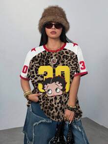 Betty Boop x SHEIN 大码女式豹纹插肩短袖T恤 - 白色 - 查看 5
