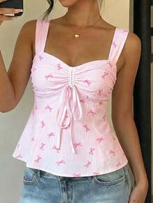 CovetEZ Casual Cute Minimalist Pink And White Striped Base Striped Bow Allover Print Pattern Drawstring Camisole Top, Suitable For Vacation, Spring/Summer - Multicolor - View 4